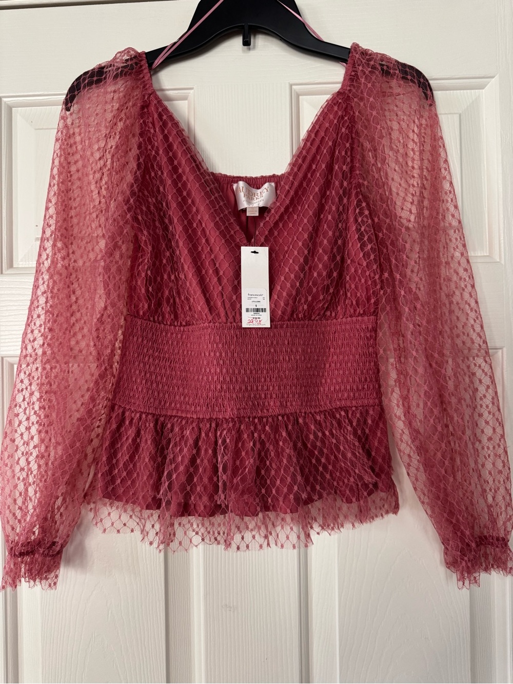 Francesca's Collections Audrey Parks Smocked  mauve Mesh Blouse NEW size small